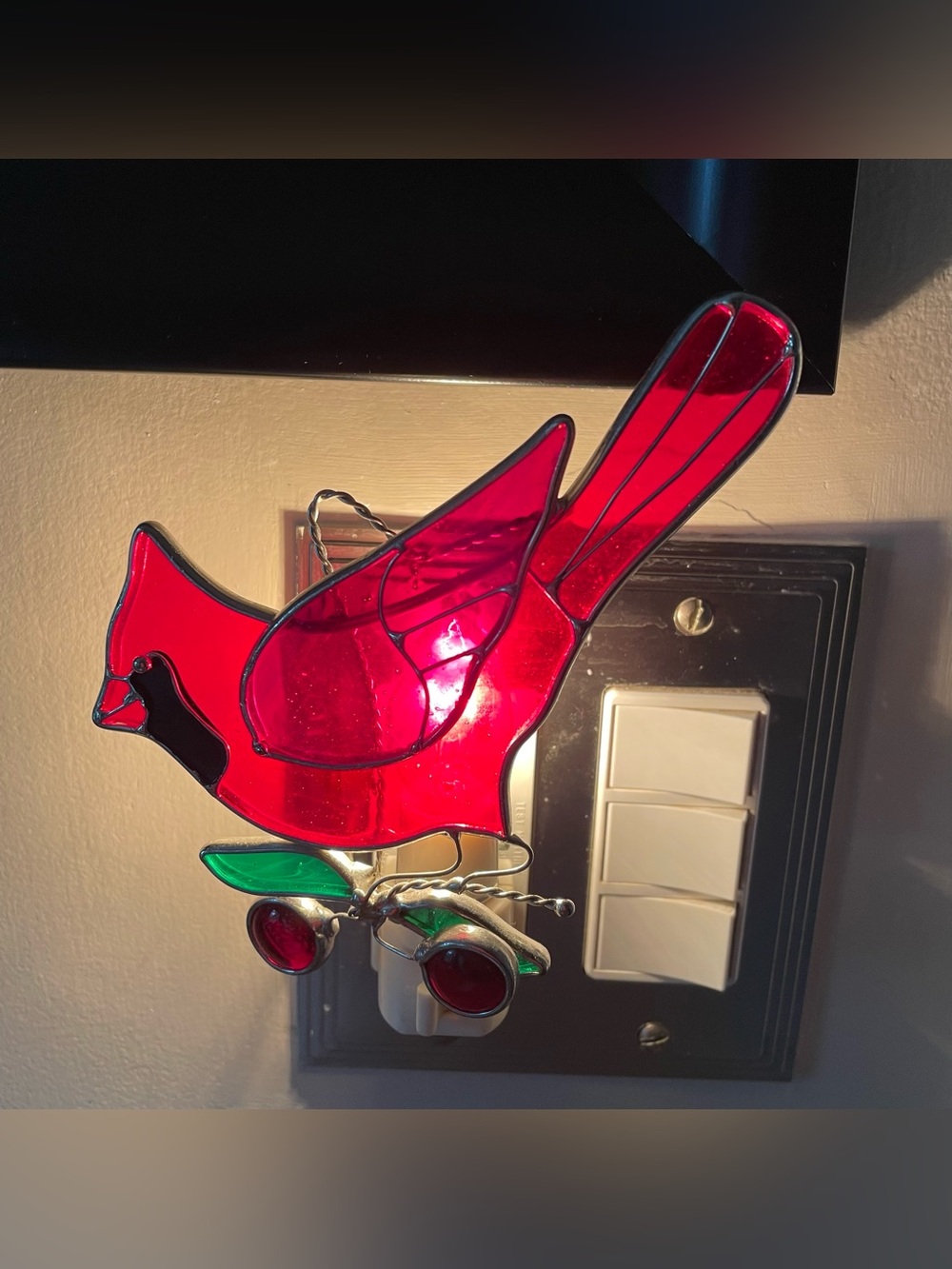 Red Stained Glass Cardinal Hanging Ornament with Light